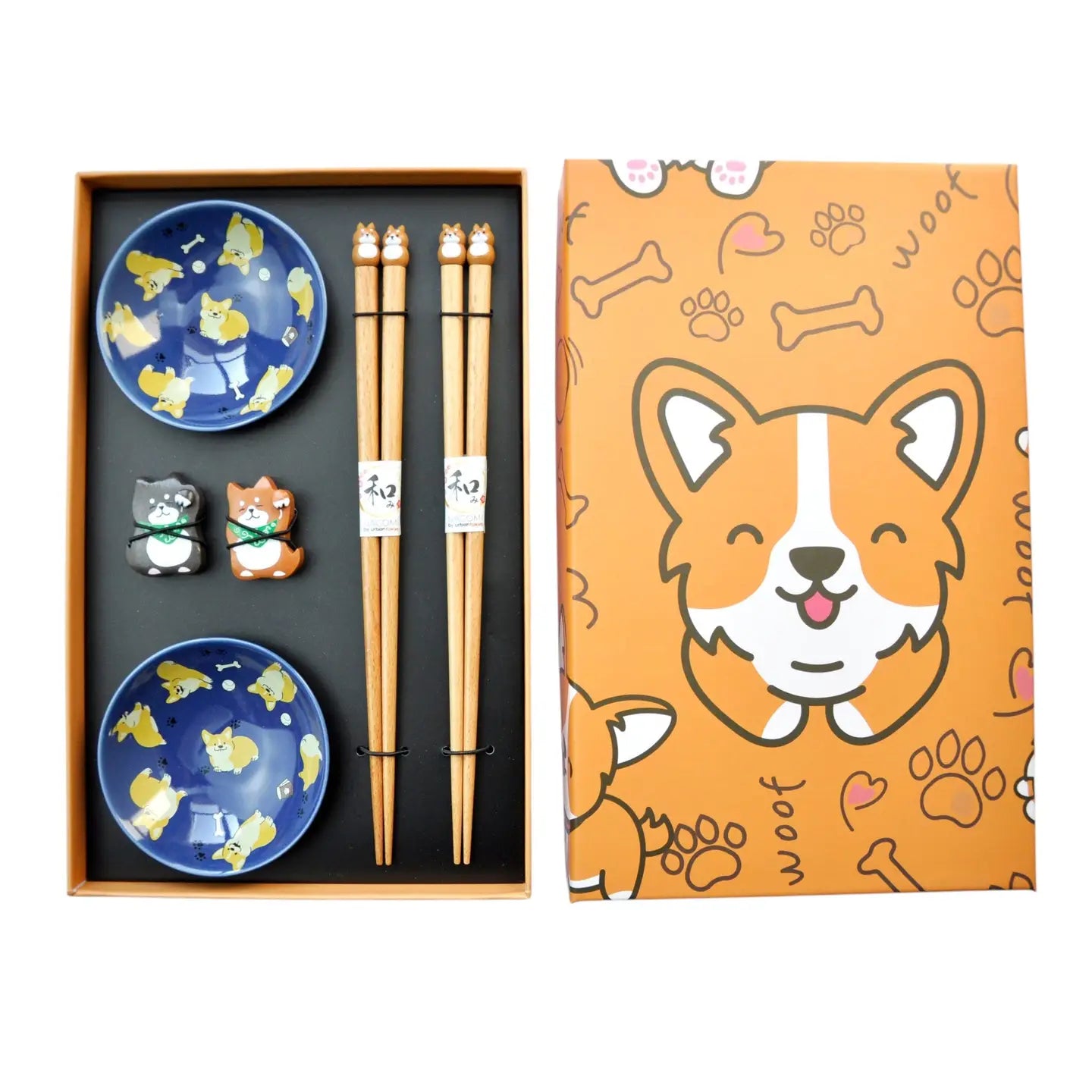 Shiba Inu 2 Pair Wooden Chopsticks, Chopsticks Rest and Sauce Dish Gift Set