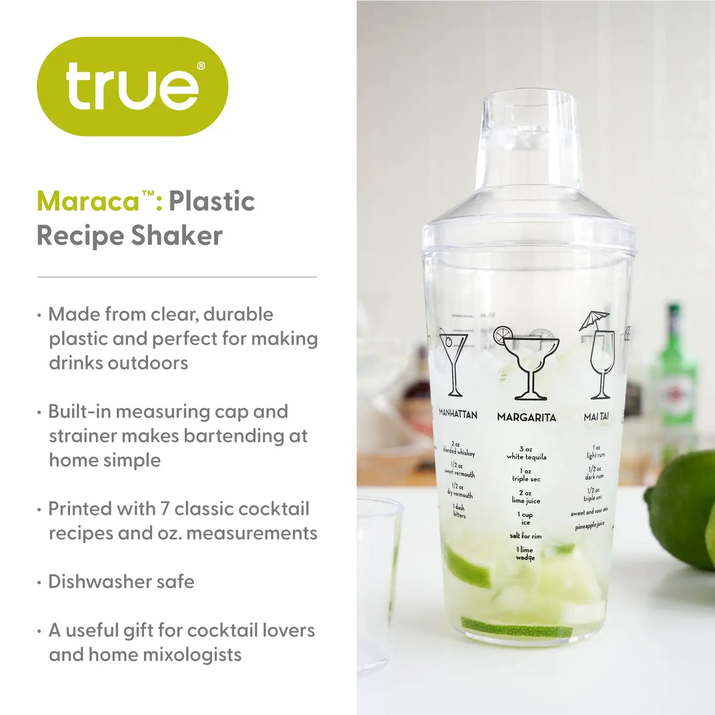 Maraca™ Plastic Shaker w/ 7-Printed Cocktail Recipes - 16 oz