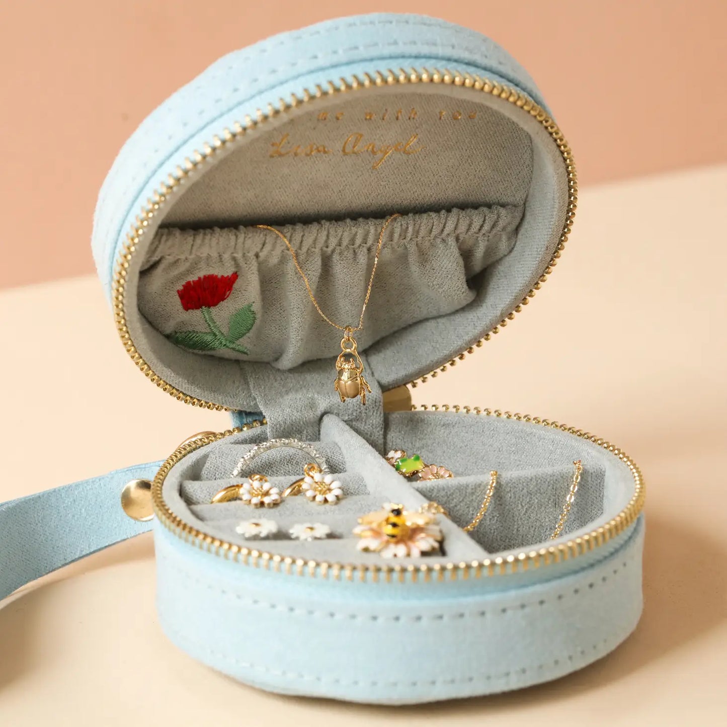 Jewelry Case - Embroidered Flowers Mini Round Velvet