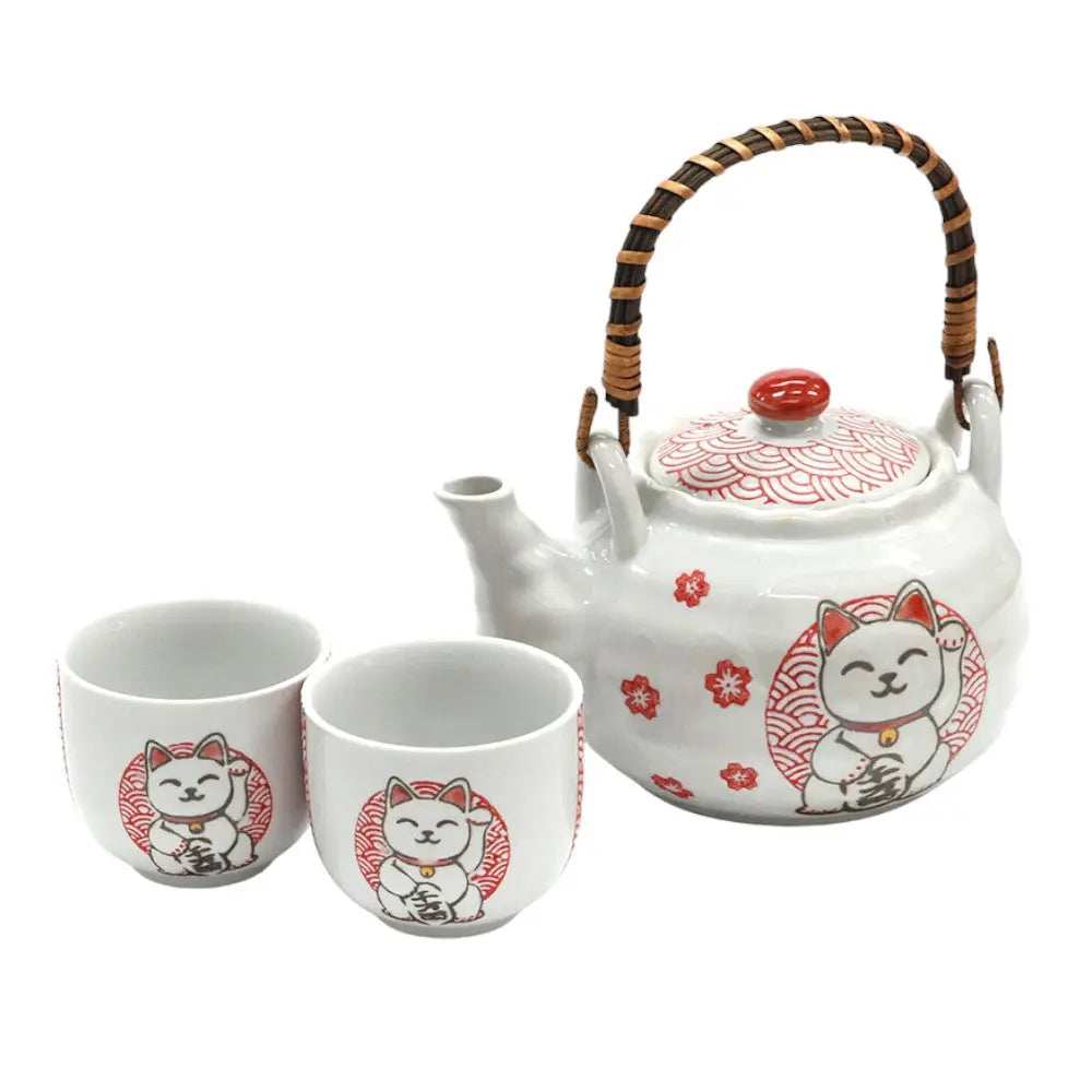 Maneki Neko Seigaiha Tea Set 22oz Tea Pot with 2 Cups