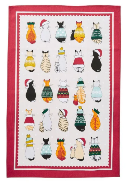Christmas Cats in Waiting Cotton Tea Towel