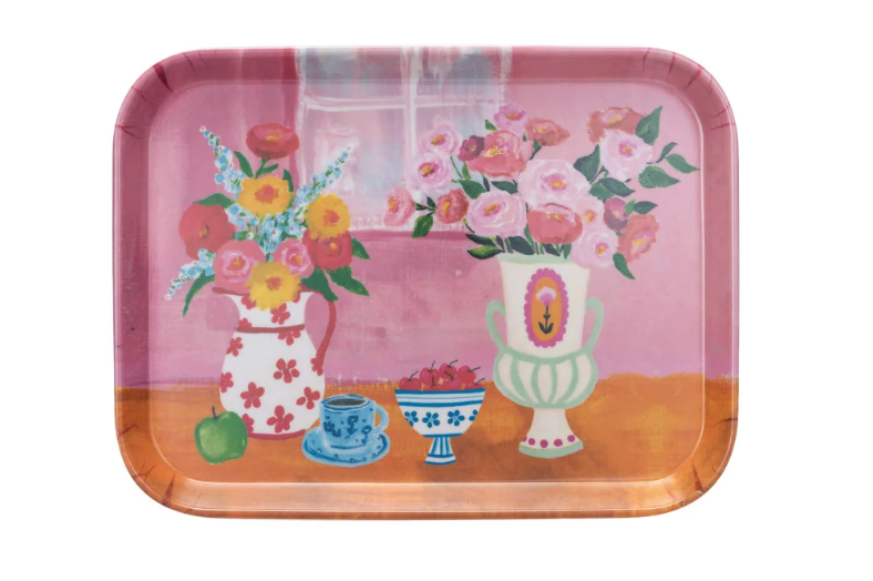 Bamboo Fiber Tray w/ Flowers in Vases