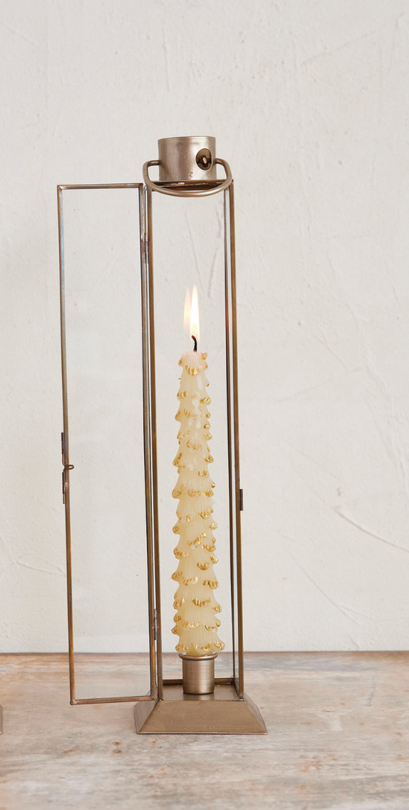 Metal & Glass Lantern Taper Holder, Gold Finish
