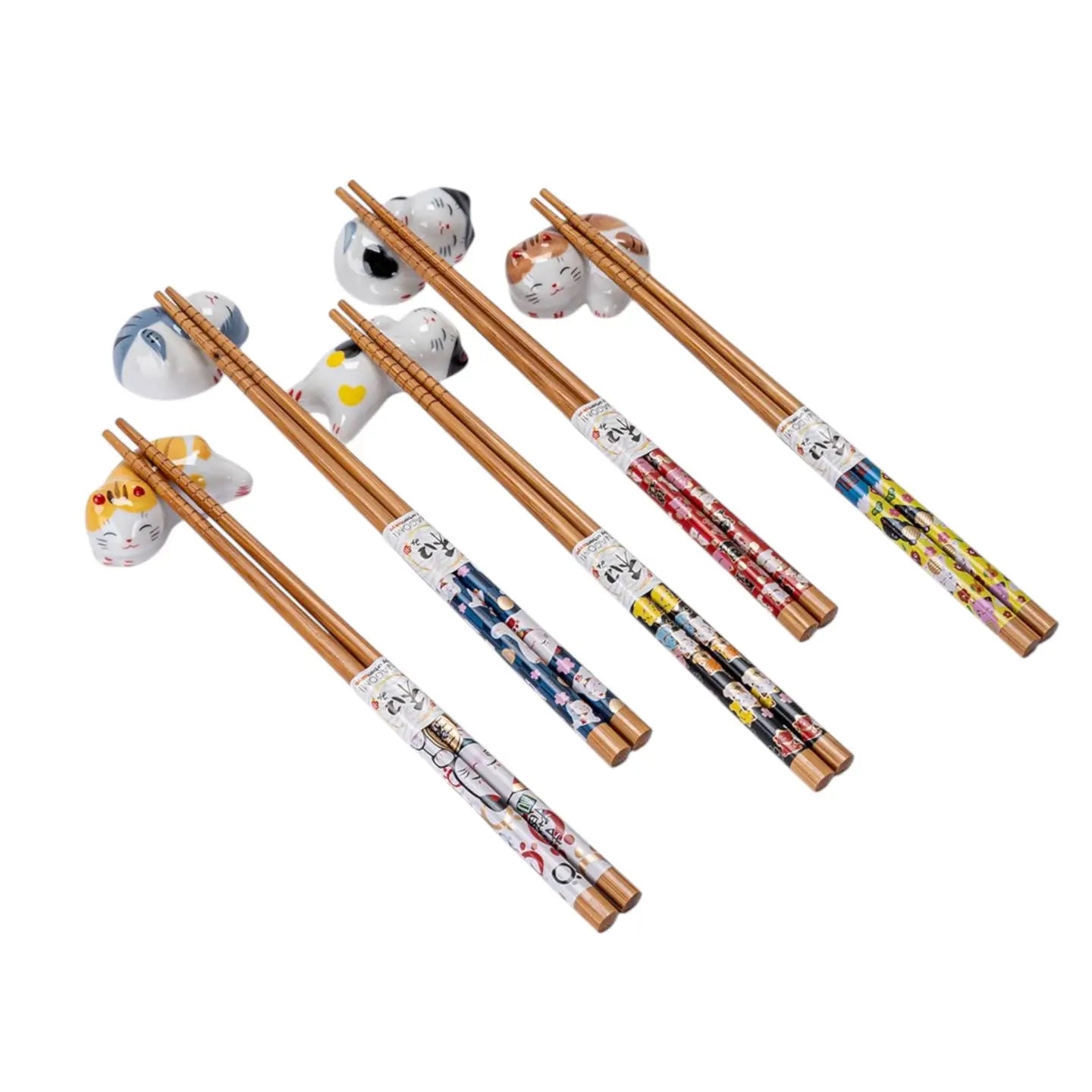 5 Pair Cute Cats Bamboo Chopsticks and Rests Gift Set