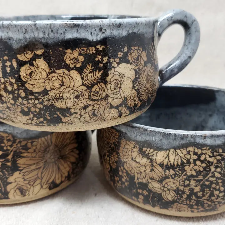 Flower Garden Soup Bowl in Snow Storm Glaze (Handmade)