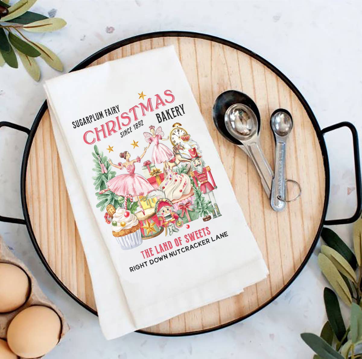 Christmas Pink Sugar Plum Bakery Flour Sack Tea Towel
