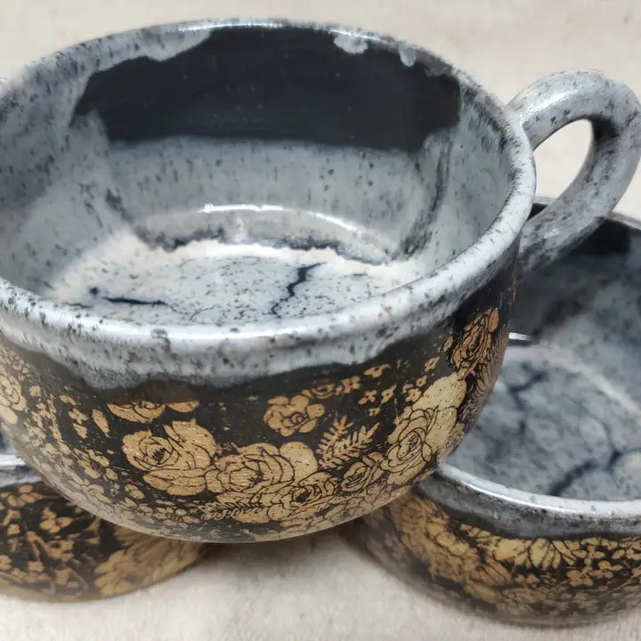 Flower Garden Soup Bowl in Snow Storm Glaze (Handmade)