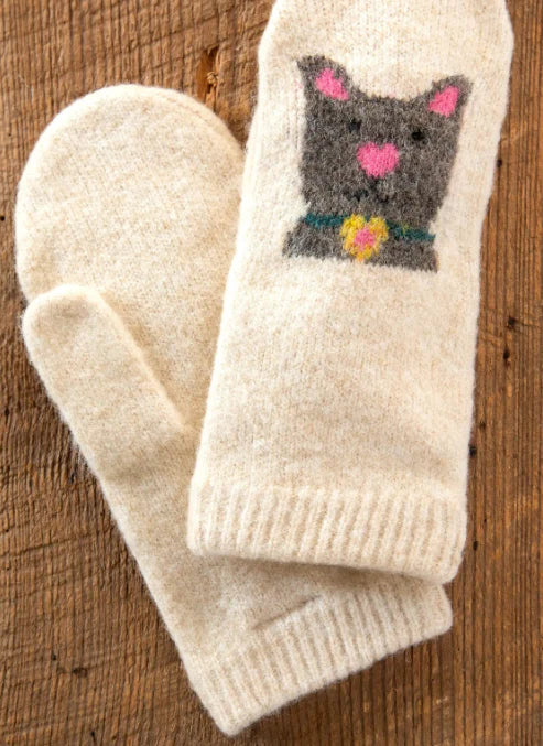 Intarsia Mittens - Cream Cat