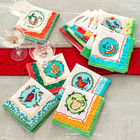 12 Days of Christmas Embroidered Cotton Cocktail Napkins (Set of 12)