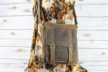 Distressed Brown Leather Front Pocket Crossbody Bag