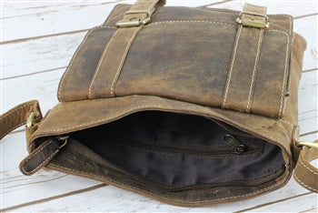 Distressed Brown Leather Front Pocket Crossbody Bag