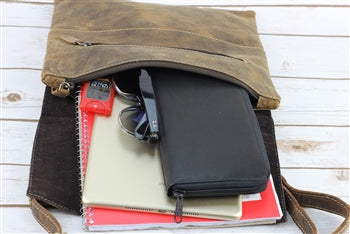 Distressed Brown Leather Slim Flap Over Crossbody Bag
