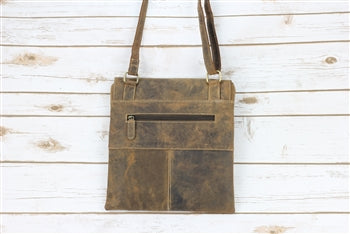 Distressed Brown Leather Slim Flap Over Crossbody Bag