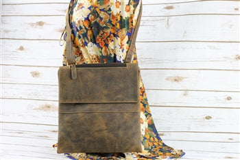 Distressed Brown Leather Slim Flap Over Crossbody Bag