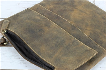 Distressed Brown Leather Slim Flap Over Crossbody Bag