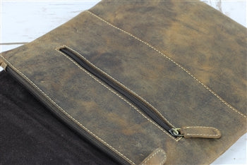 Distressed Brown Leather Slim Flap Over Crossbody Bag