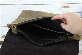 Distressed Brown Leather Slim Flap Over Crossbody Bag
