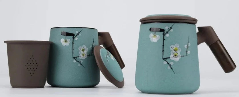 Wood-Handle Purple Clay Tea Mug w/ Strainer   Hand painted