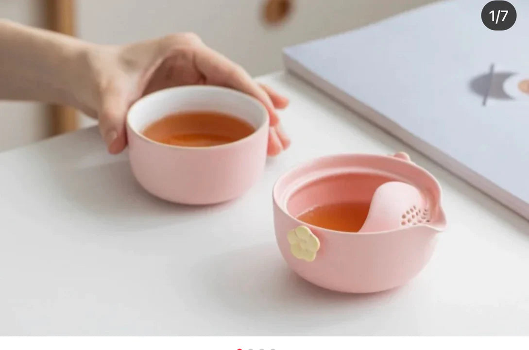 Flower tea set with a travel case  PINK