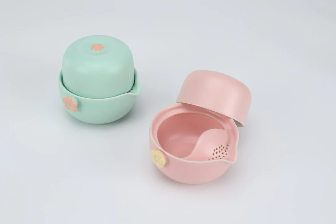 Flower tea set with a travel case  PINK