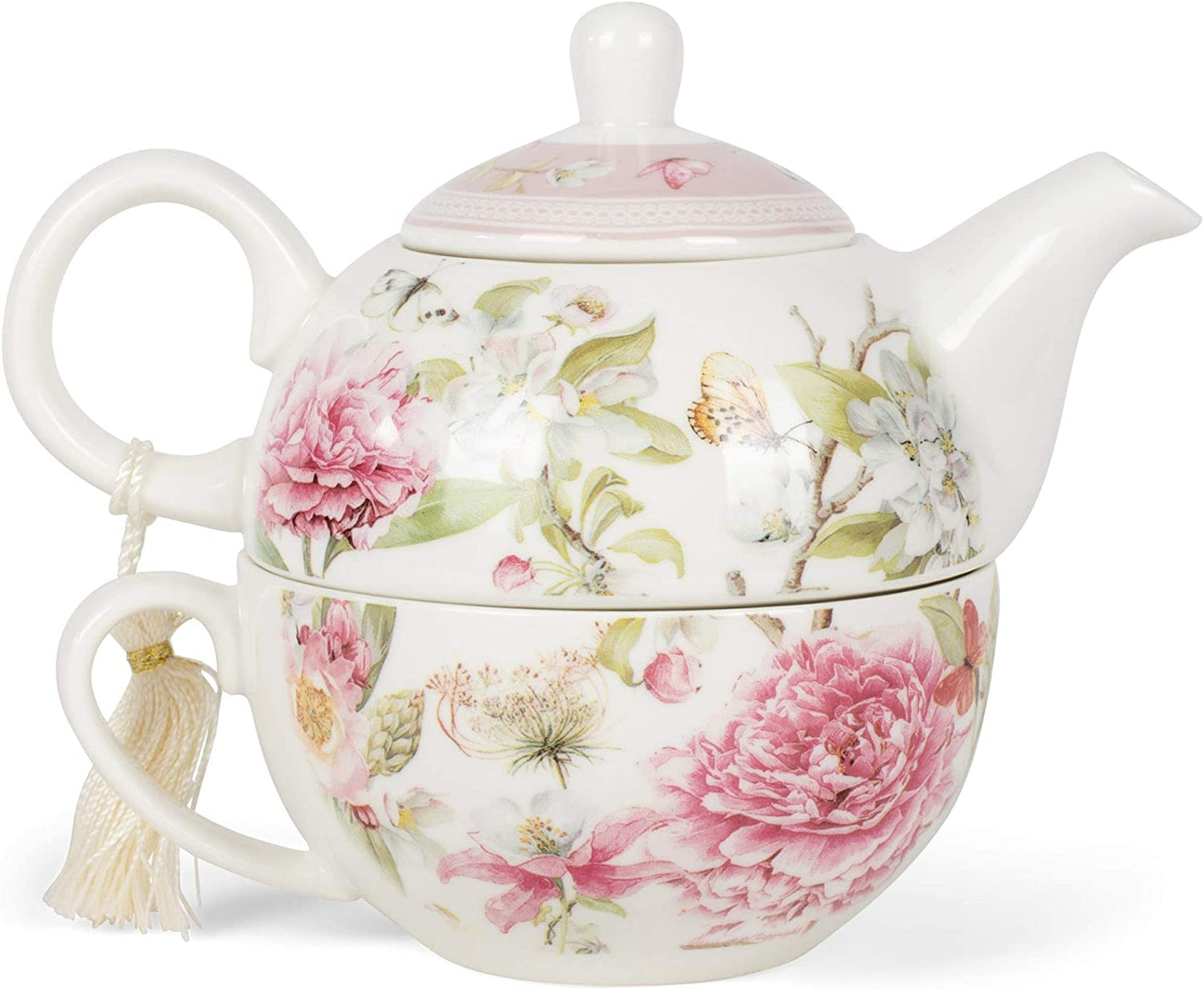 5.8" Porcelain Tea for One, Pink Peony