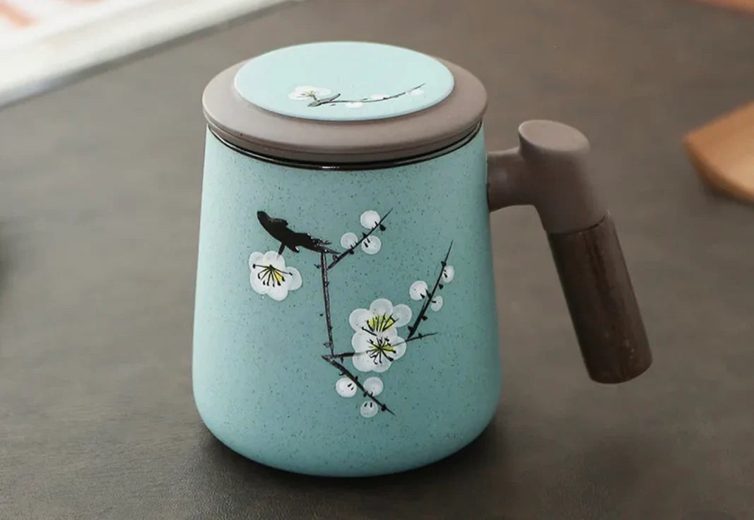 Wood-Handle Purple Clay Tea Mug w/ Strainer   Hand painted