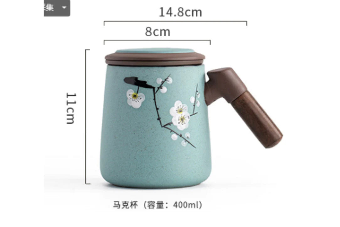 Wood-Handle Purple Clay Tea Mug w/ Strainer   Hand painted