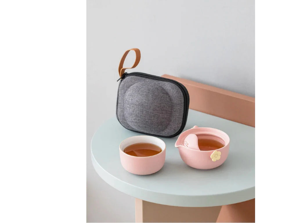 Flower tea set with a travel case  PINK