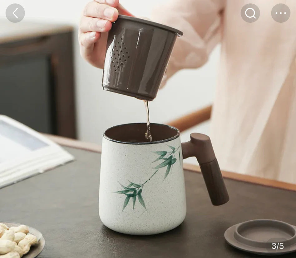 Wood-Handle Purple Clay Tea Mug w/ Strainer   Hand painted