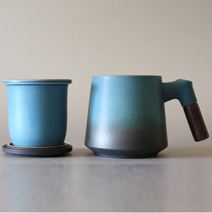 Blue Mug/Wooden Handle with strainer