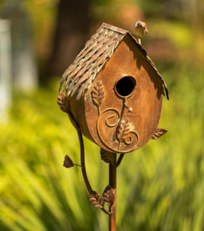 BIRDHOUSE -64.5" TALL COUNTRY STYLE IRON BIRDHOUSE STAKE "FARM HOUSE"