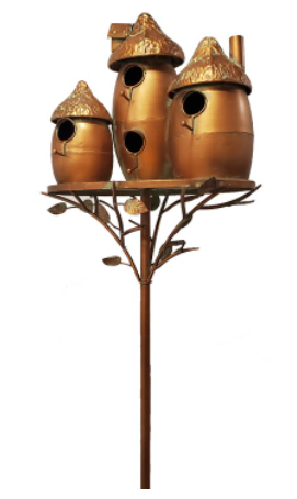 BIRDHOUSE -ROUNDED TRIPLE BIRDHOUSE STAKE WITH MUSHROOM CAP ROOF IN ANTIQUE COPPER