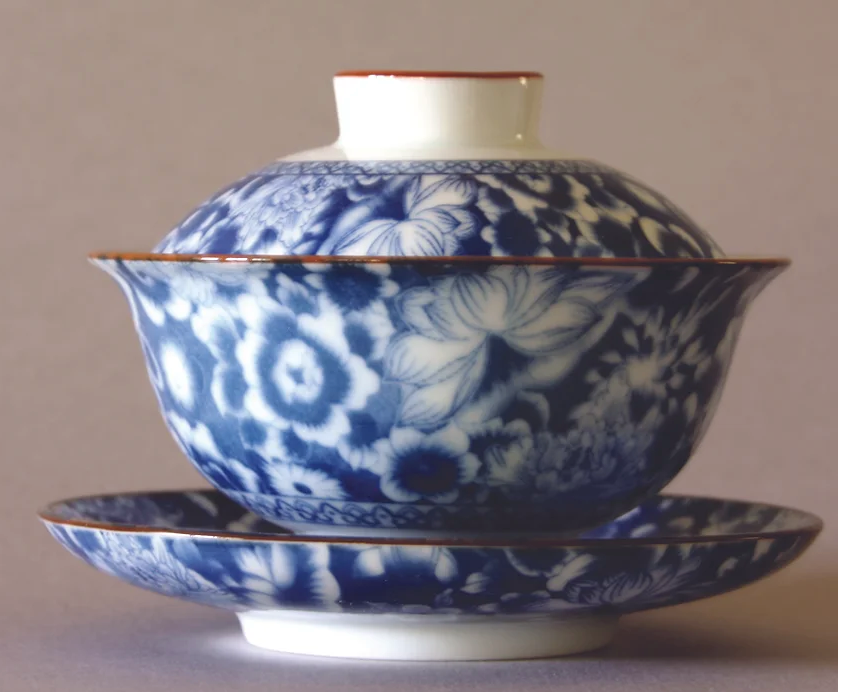 Coral Gaiwan, 2 Cups and Saucer. Stripes