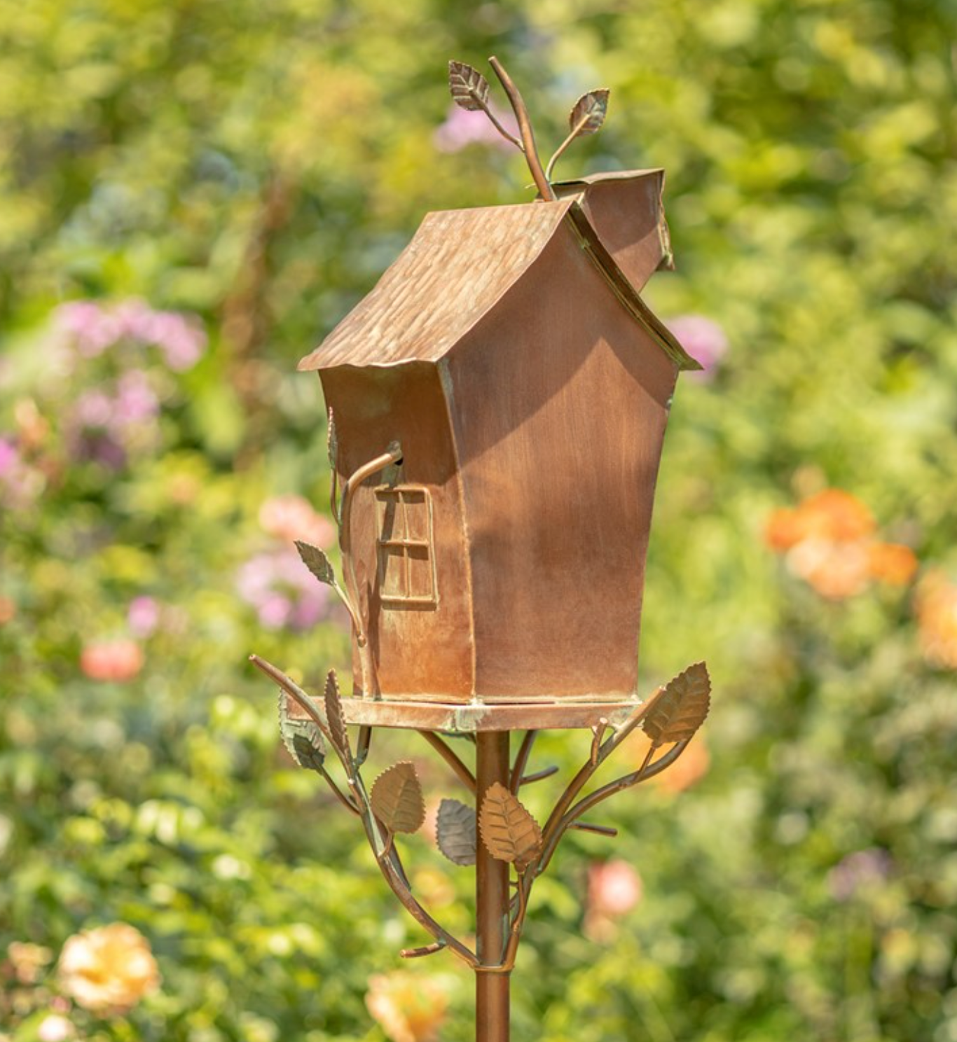 BIRDHOUSE 75.2" TALL LARGE DOUBLE-HOLE BIRDHOUSE STAKE WITH A-FRAME ROOF IN ANTIQUE COPPER