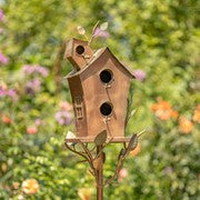 BIRDHOUSE 75.2" TALL LARGE DOUBLE-HOLE BIRDHOUSE STAKE WITH A-FRAME ROOF IN ANTIQUE COPPER