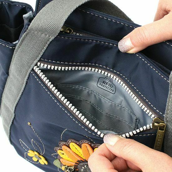 RFID VENTURE MINI CARRYALL TOTE PURSE BAG SUNFLOWER NAVY BLUE