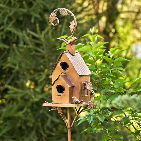 BIRDHOUSE 75" TALL TWO TIER CLASSIC HOME COPPER FINISH BIRDHOUSE STAKE "LANSDALE"