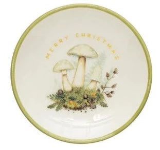 Stoneware Dish with Mushroom Image, Holiday Greeting and Gold Electroplating