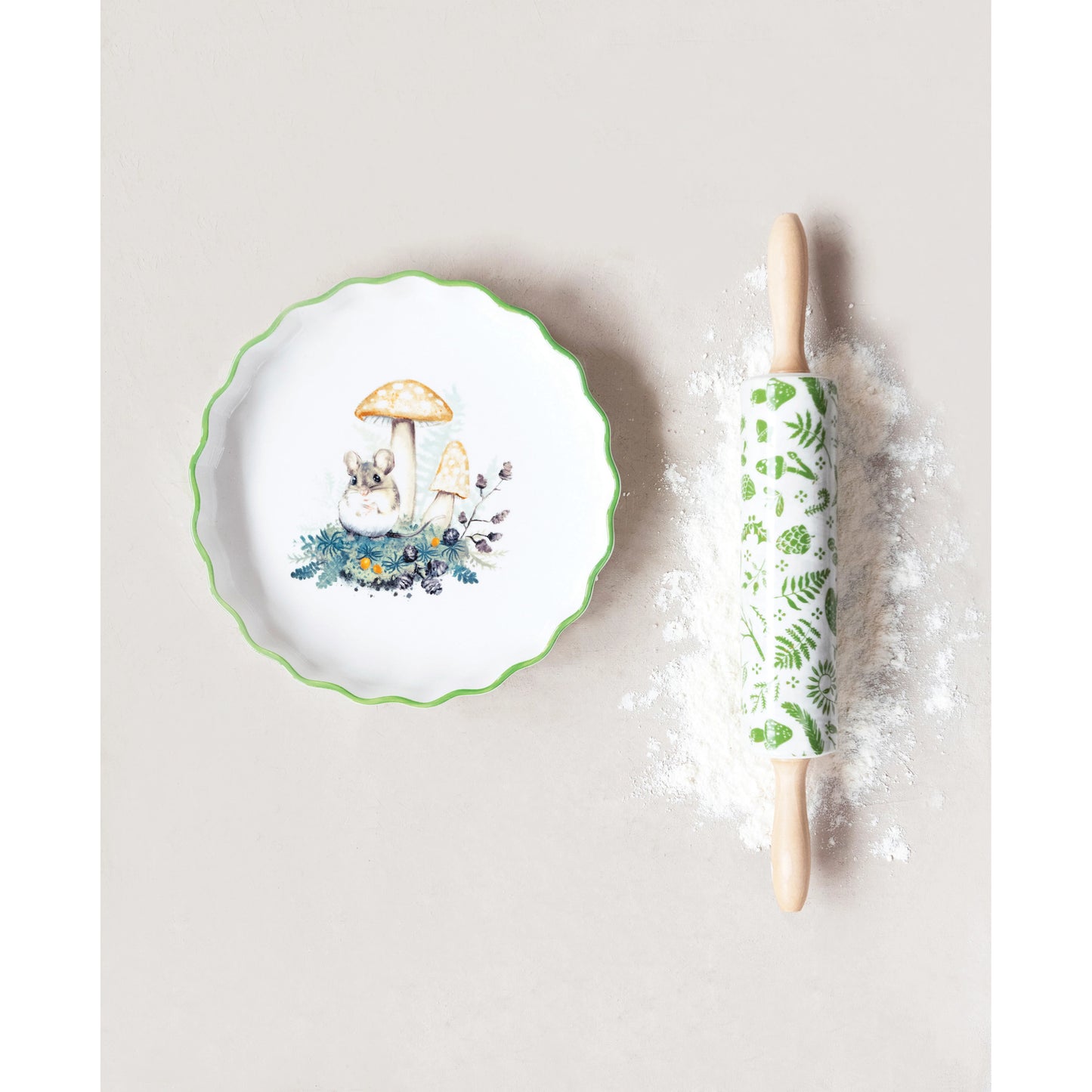 Pie Dish 10-1/2" Round Stoneware Fluted Pie Dish with Mushrooms, Mouse and Green Rim
