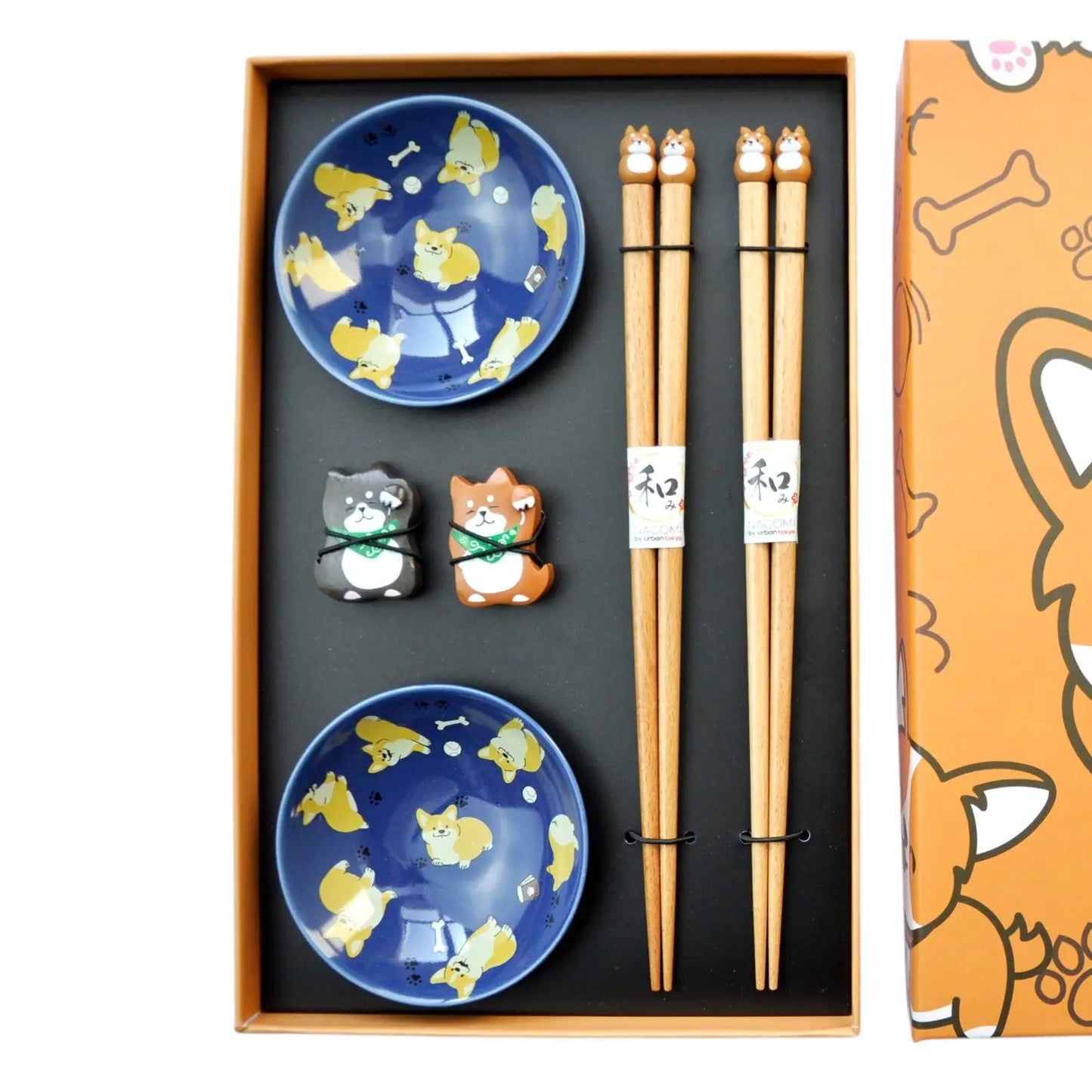 Shiba Inu 2 Pair Wooden Chopsticks, Chopsticks Rest and Sauce Dish Gift Set