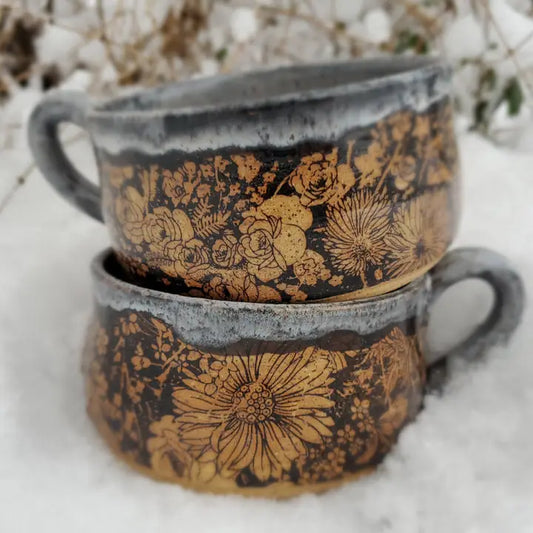 Flower Garden Soup Bowl in Snow Storm Glaze (Handmade)