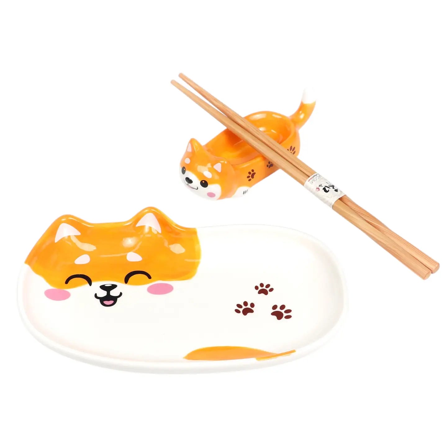 3 Piece Shiba Inu 8"L Porcelain Sushi Serving Plate w/ Sauce Dish and Chopsticks Set