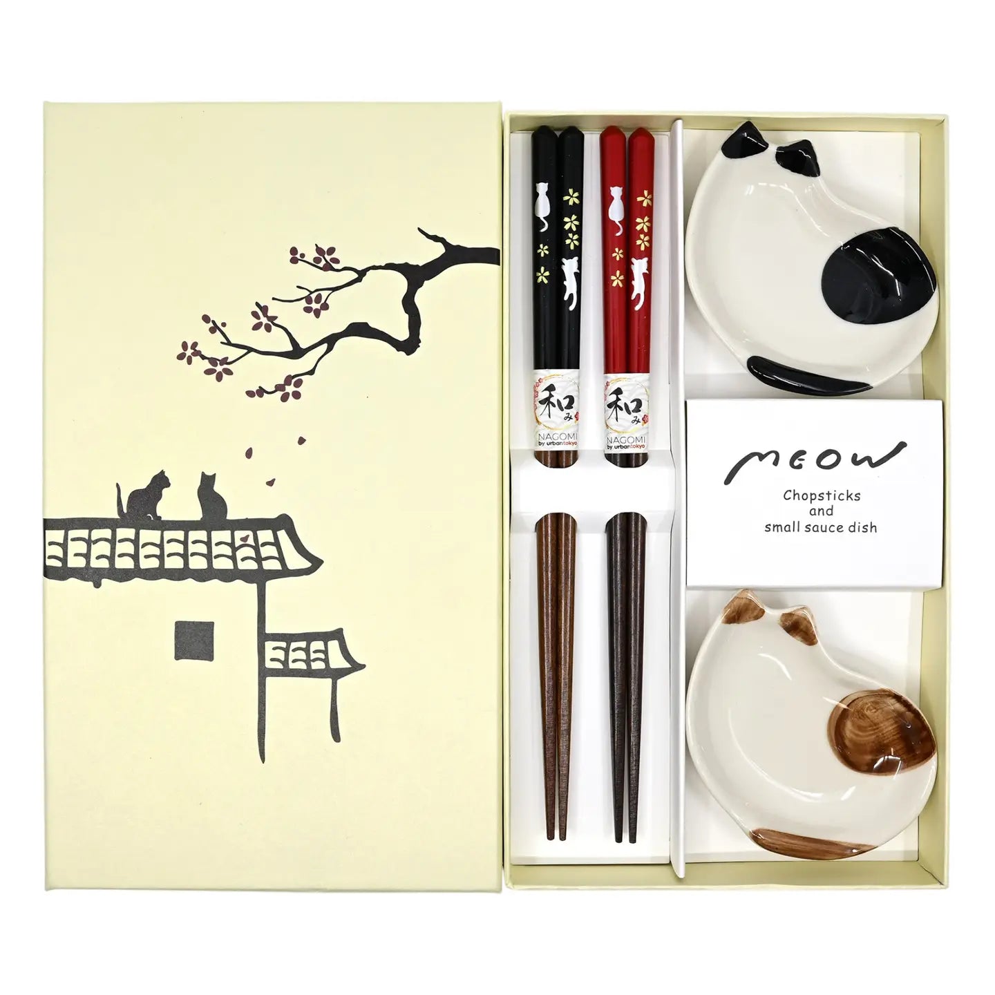 Cats 2 Pair Wooden Chopsticks and Small Dish Gift Set