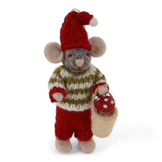 Felted Small Grey Boy Mouse W/Mushroon in Bucket Ornament