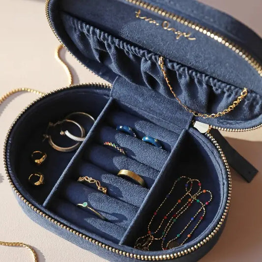 Jewellery Case - Sun and Moon Embroidered Oval in Navy