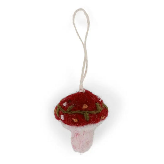 Felted Mushroom W/Embroidery Ornament - Small