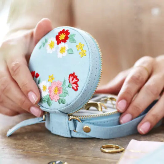 Jewelry Case - Embroidered Flowers Mini Round Velvet