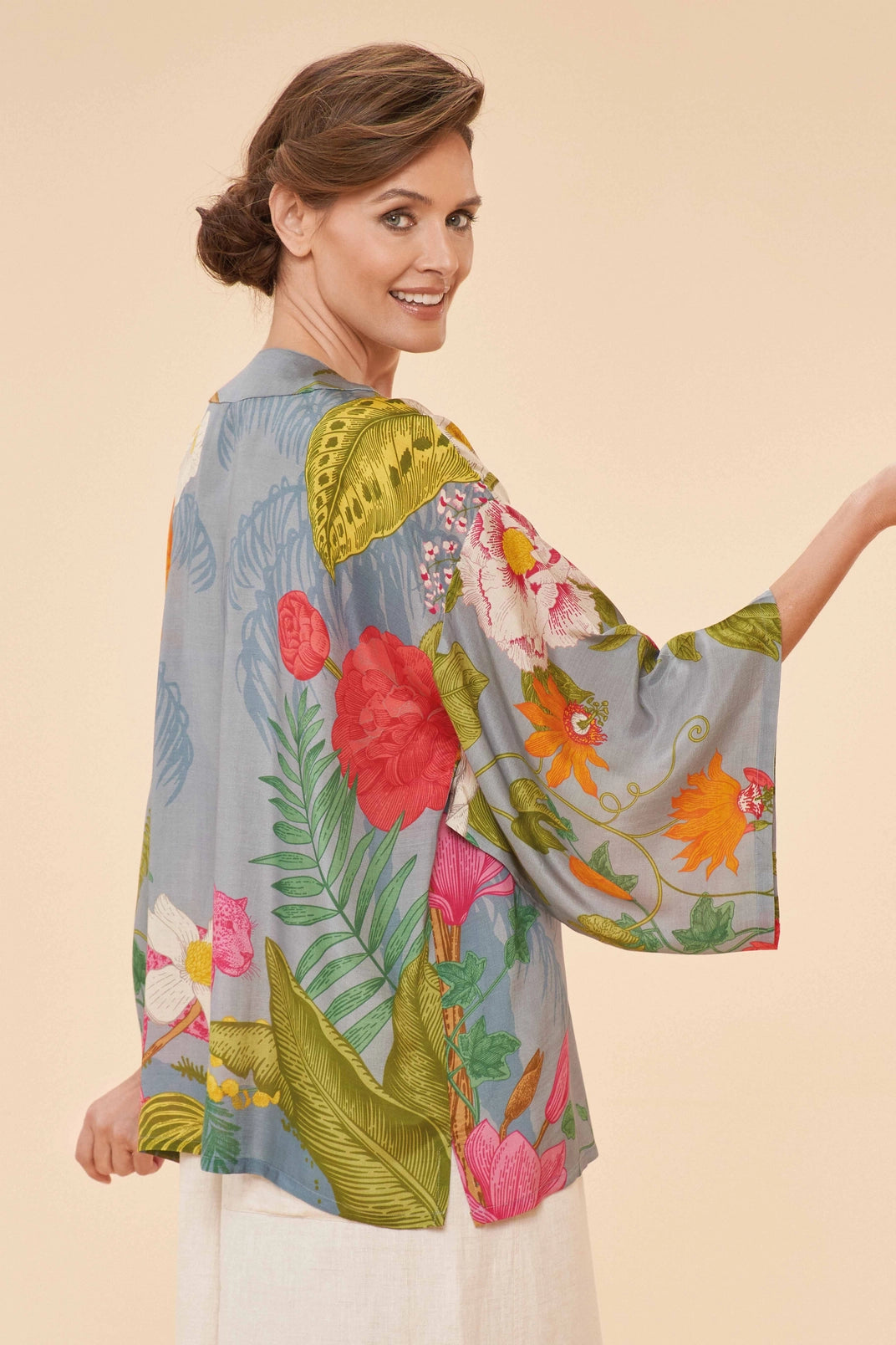 Kimono Jacket Tropical Flora and Fauna in Lavender