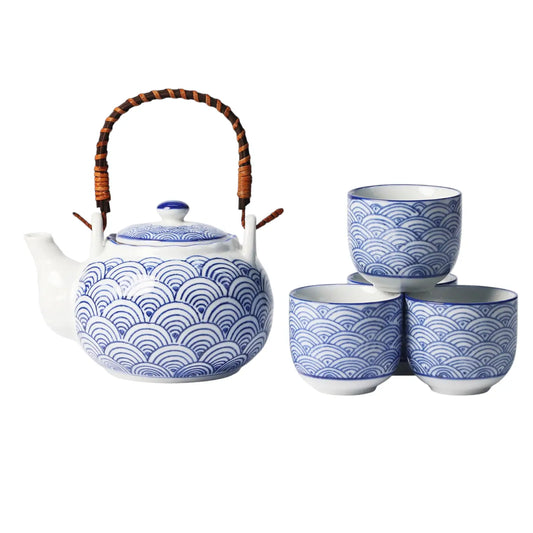 Japanese Seikaiha Waves Tea Set 22oz Tea Pot with 4 Cups