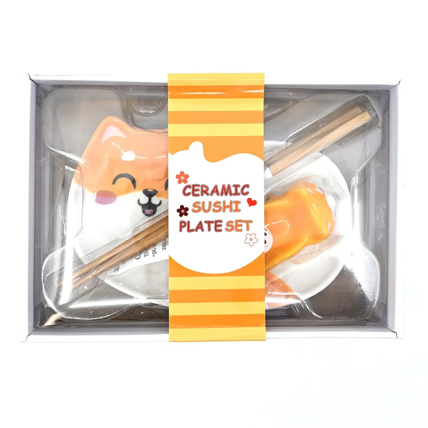 3 Piece Shiba Inu 8"L Porcelain Sushi Serving Plate w/ Sauce Dish and Chopsticks Set